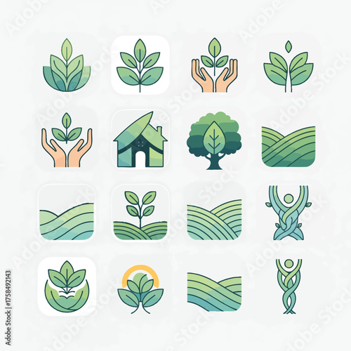 Green ecology and nature conservation logo icon set with plants hands and environmental symbols.