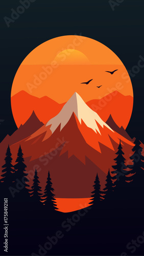 Mountain landscape with sun and birds silhouette