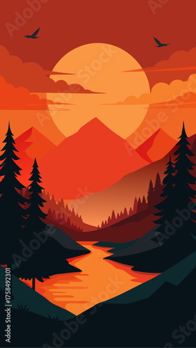 Illustration of sunset over mountains and river view
