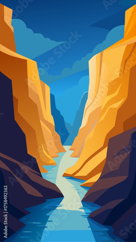 Illustration of a river flowing through a grand canyon