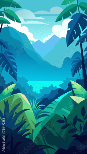 Tropical landscape with mountains and palm trees