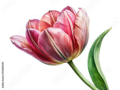 Detailed macro shot of an elegant pink tulip blossom with green leaves