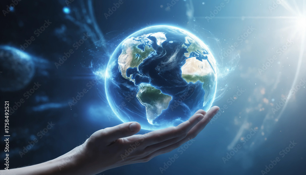 Obraz premium Main humaine effleurant un hologramme terrestre, symbole de connexion entre technologie et planète