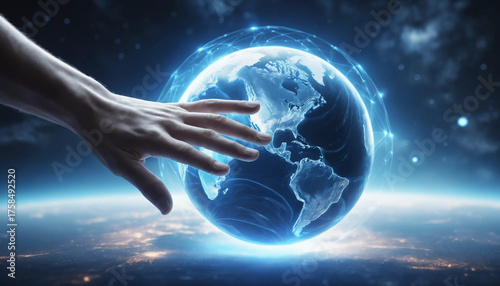 Main humaine effleurant un hologramme terrestre, symbole de connexion entre technologie et planète
