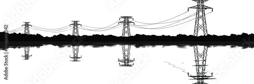 High voltage transmission towers with electric power lines reflected in calm water, industrial energy landscape illustration, renewable electricity infrastructure concept, vector art