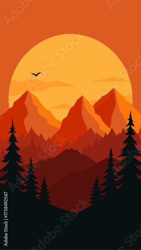 Sunset behind mountains with trees and flying bird
