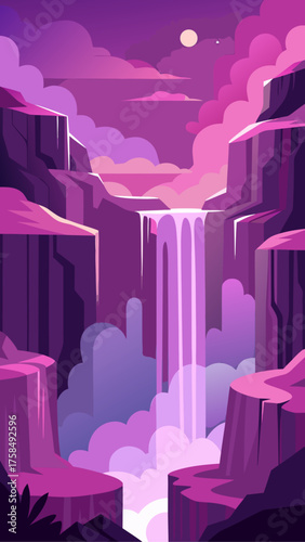 Illustration of a pink waterfall in a rocky canyon