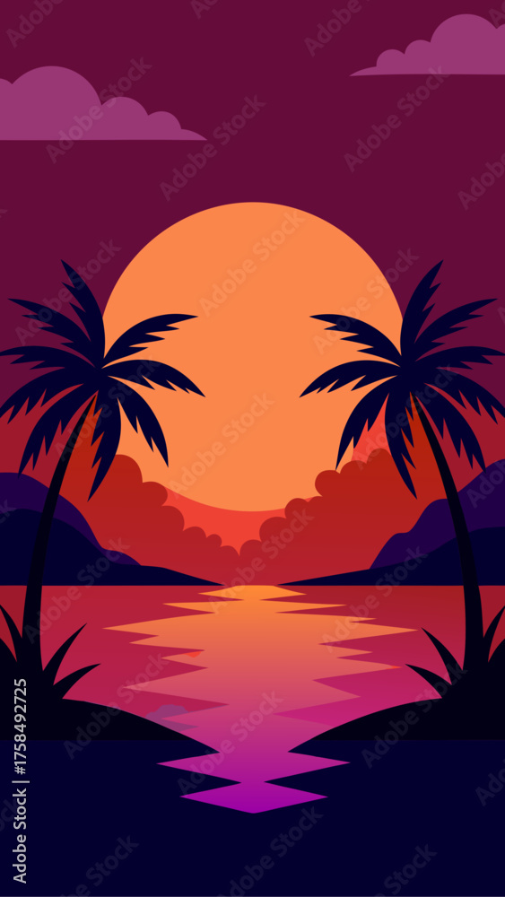 Naklejka premium Sunset over the ocean with palm trees silhouette