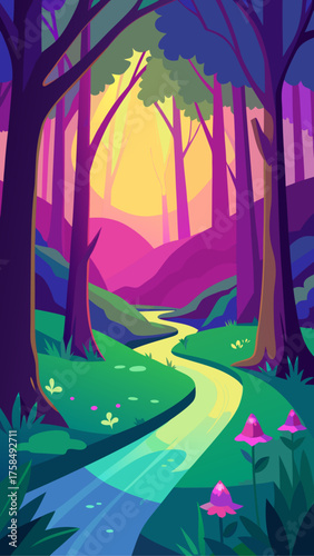 Illustration of a forest with a winding river path