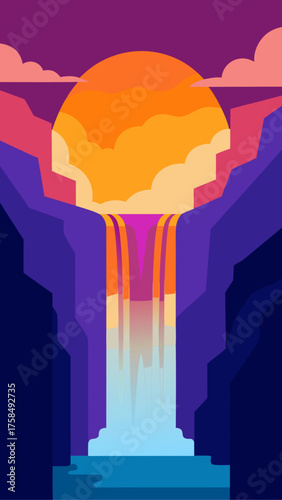 A waterfall flows between cliffs under a sunset sky