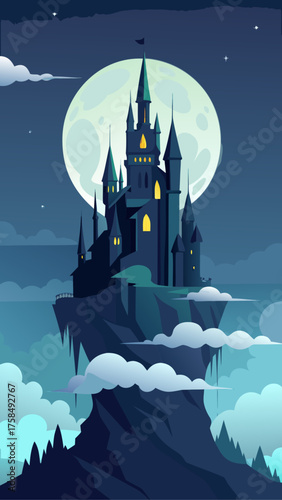 Illustration of a castle under the moonlight night