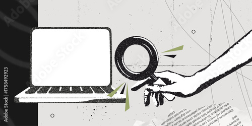 Trendy Stipple Halftone effect Computer laptop and hand holds magnifying glass. Search for information on internet. Find job online. Hr looking for employees. Vintage vector illustration art