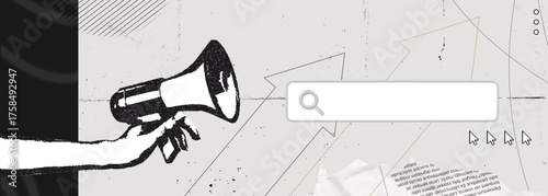 Trendy Halftone Collage Online Hiring. Hand with megaphone and search bar and up arrow. Job search on internet. Career opportunity. Offer about new vacancy. Contemporary vector illustration art