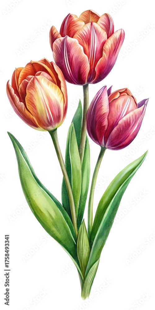 Obraz premium Watercolor painting of three vibrant tulips with detailed leaves and stems on white