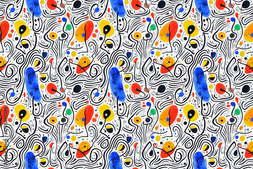 Naklejka premium Abstract seamless composition with black stripes and vibrant colorful spots. Modern design for textiles, apparel, festive packaging, and web backgrounds