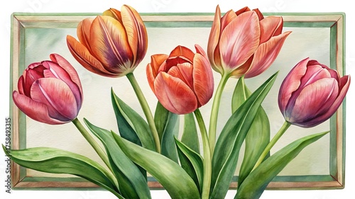 Watercolor Tulip Bouquet Painting in a Decorative Frame for Spring Season