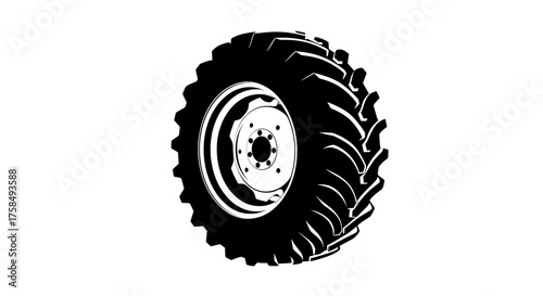 Black and white tractor wheel icon on a transparent background. Simple minimalist farm machinery design perfect for agriculture, mechanic, or rural-themed projects