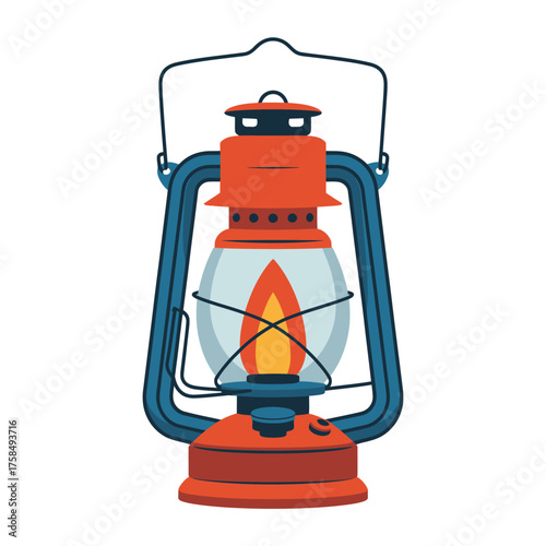 Vintage kerosene lantern with a bright flame and blue and red accents