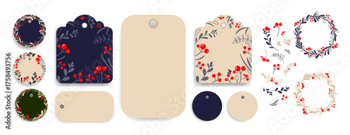 Holiday gift tags and labels set in various shapes with winter floral designs for gift wrapping, scrapbooking, DIY crafts,greeting cards, party favors,packaging design,handmade product labeling.Vector