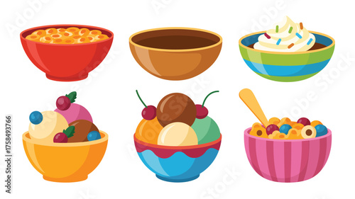 Collection of colorful bowls filled with various desserts and breakfast foods