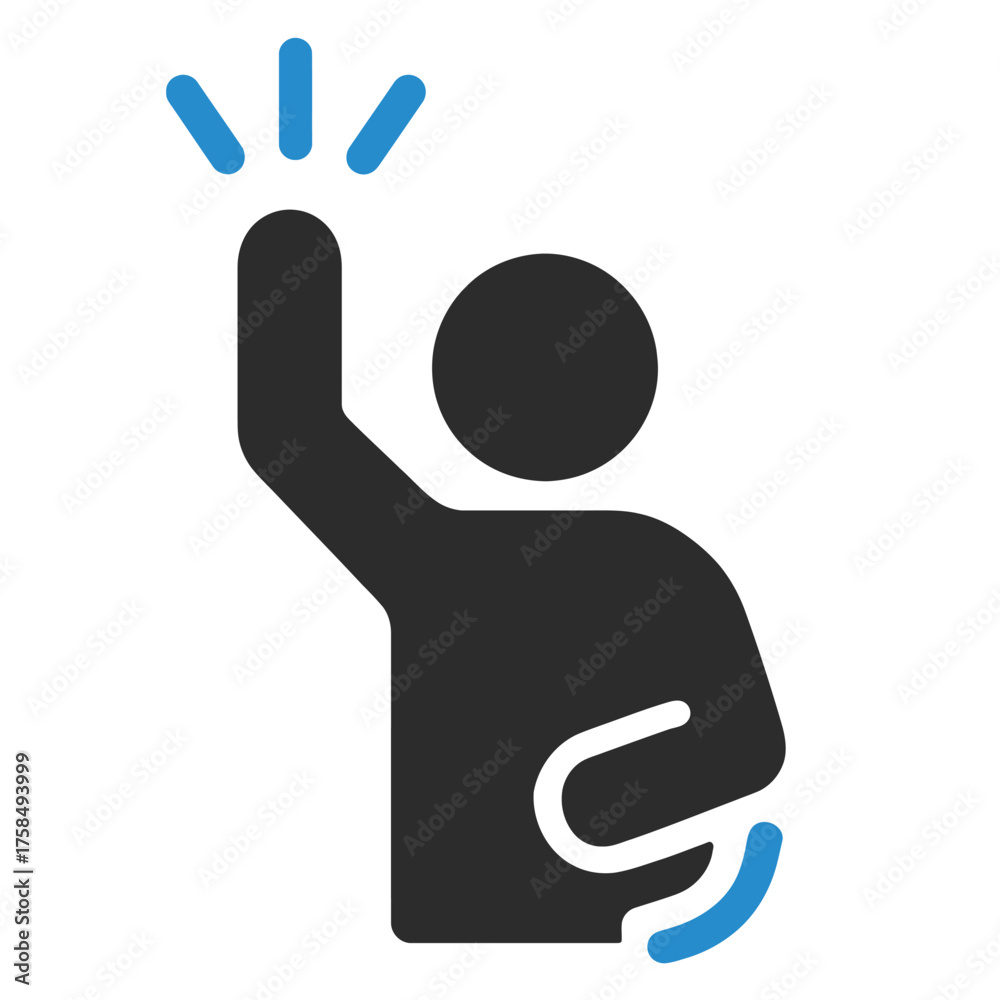 Obraz premium Stylized person icon with raised hand and blue accents