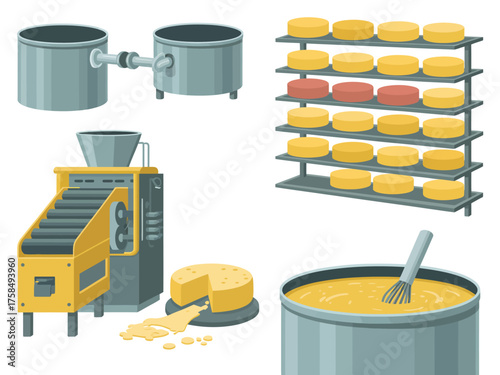 Illustrations of cheese making process equipment and products