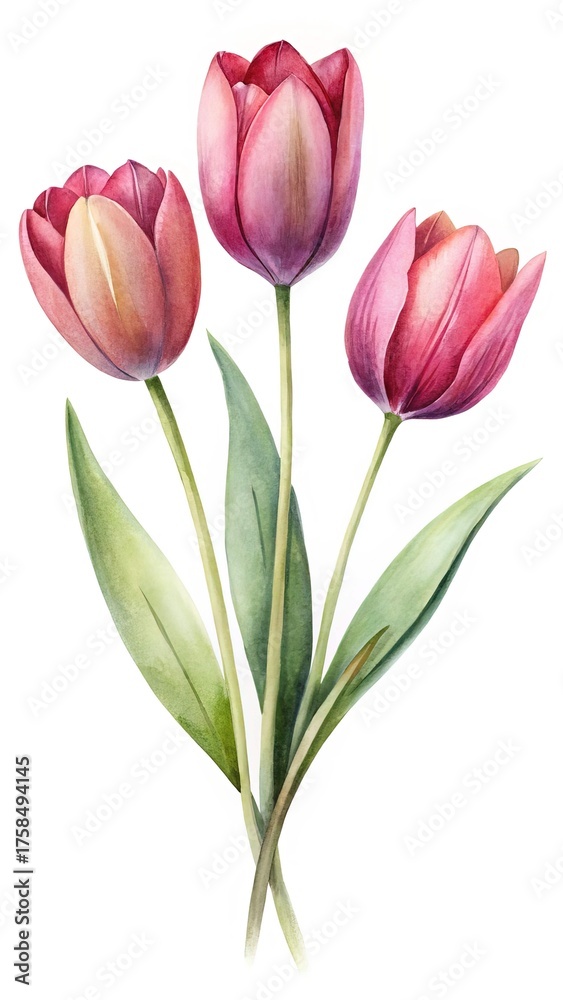 Obraz premium Watercolor illustration of three vibrant tulips with lush green leaves on white