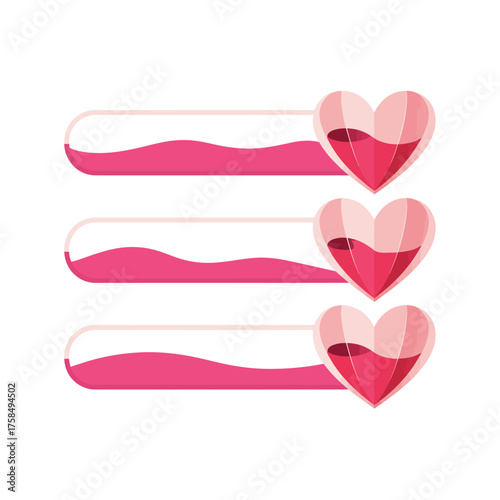 Three progress bars with hearts indicating love or health levels