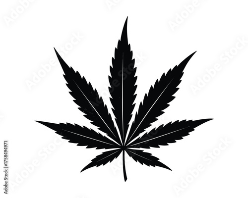 Black silhouette of a cannabis leaf against a white background