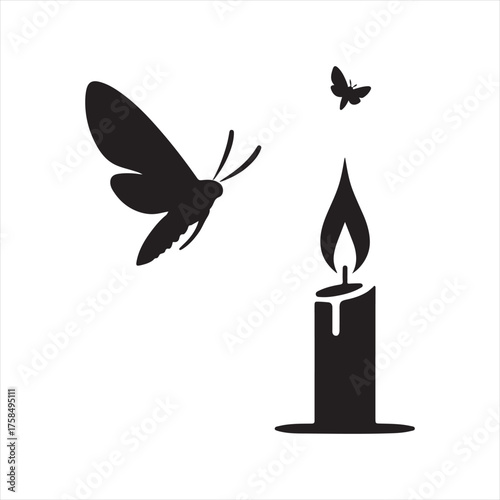 Moth flying toward candle flame vector silhouette clip art icons set collection
