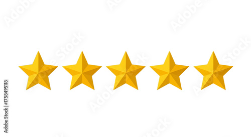 A row of five golden stars, representing a perfect rating or high score, isolated on a white background.