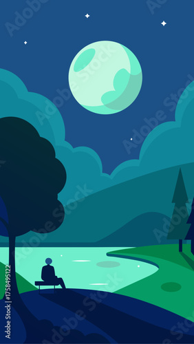 Serene night landscape with a person sitting on a bench overlooking a lake under a large moon and starry sky