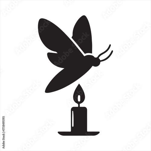 Moth flying toward candle flame vector silhouette clip art icons set collection
