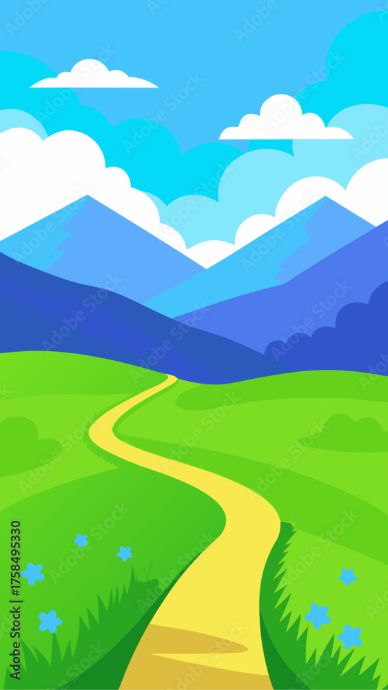 Fototapeta premium Vibrant cartoon landscape with a winding yellow path through green hills and blue mountains under a cloudy sky