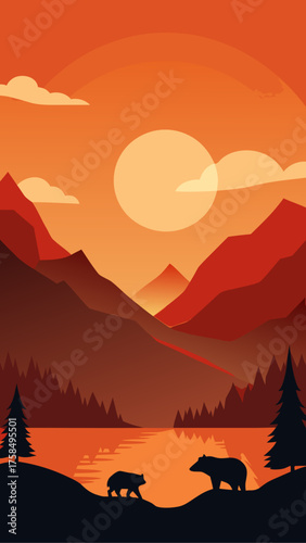 Two bears walk along a lake shore with mountains and a sunset in the background