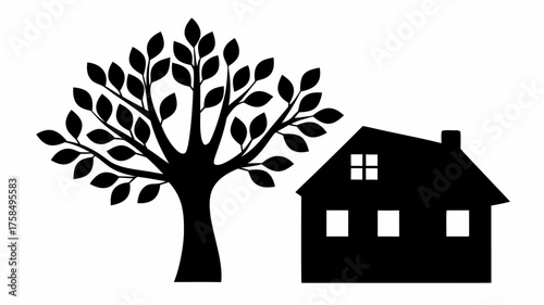 Charming silhouette illustration of a house next to a leafy tree, perfect for real estate, family, or nature-themed designs, simple and modern style