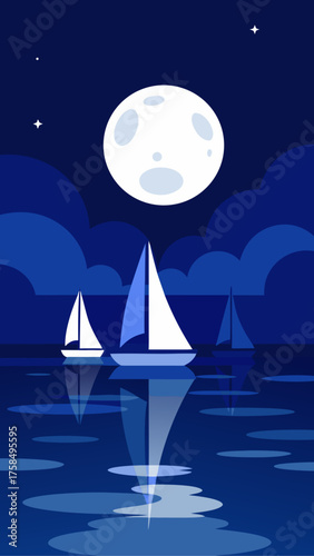 Sailboats on the water under a large full moon and starry night sky