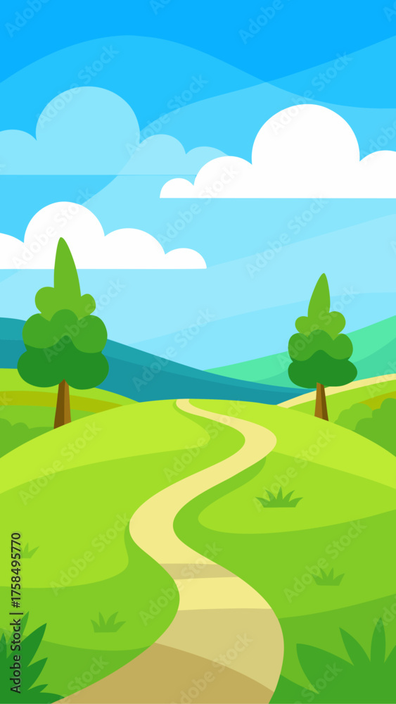 Obraz premium Cartoon landscape with a winding path through green hills under a blue sky with clouds