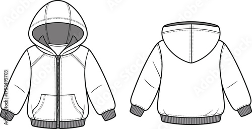 Hooded jacket technical sketch, front and back view, fashion flat drawing, garment construction, vector illustration, apparel design, CAD drawing flat vector illustration