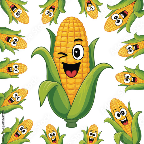 Funny cartoon corn character winking surrounded by other corn characters