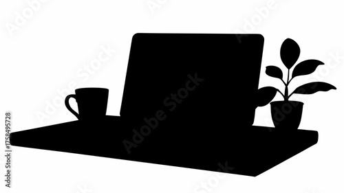 Sleek workspace illustration featuring laptop, coffee, and plant, perfect for showcasing modern, minimalist, and productive work environments for creative projects