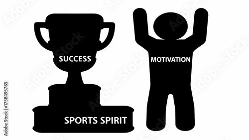 Motivational Achievement Graphic with Trophy Symbolizing Success and Cheering Figure Representing Motivation and Sports Spirit Celebrations