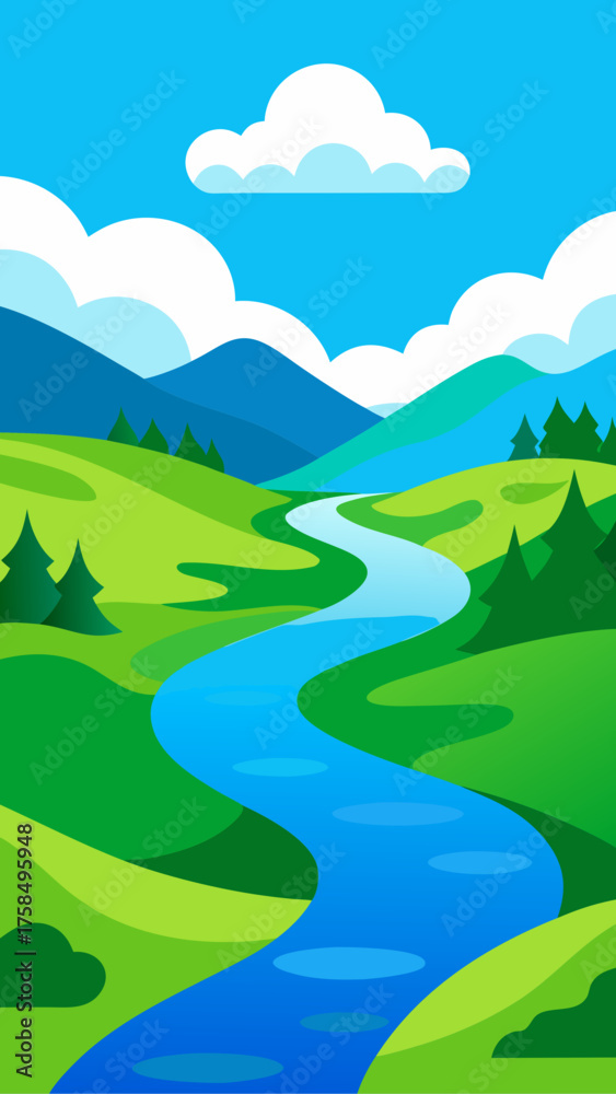 Obraz premium Stylized illustration of a winding river flowing through green hills and mountains under a blue sky with clouds