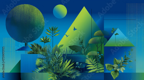 Modern still-life of tropical leaves and geometric forms on deep blue background, perfect for branding elements, social media headers, and product packaging mockups
