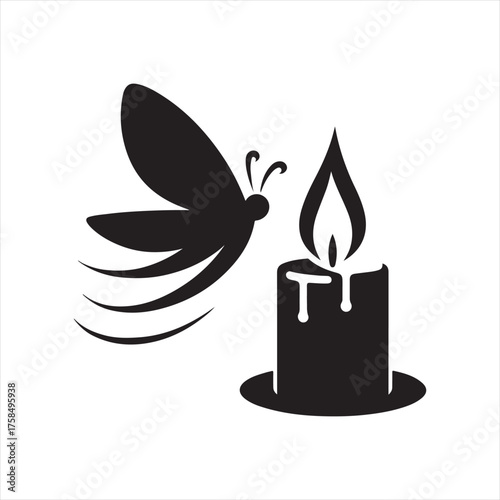 Moth flying toward candle flame vector silhouette clip art icons set collection
