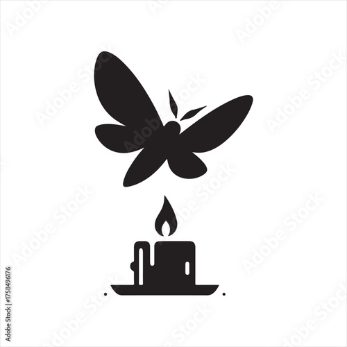 Moth flying toward candle flame vector silhouette clip art icons set collection
