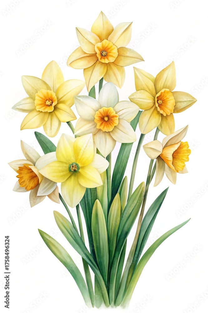 Fototapeta premium Elegant watercolor painting of a bouquet of yellow and white daffodils