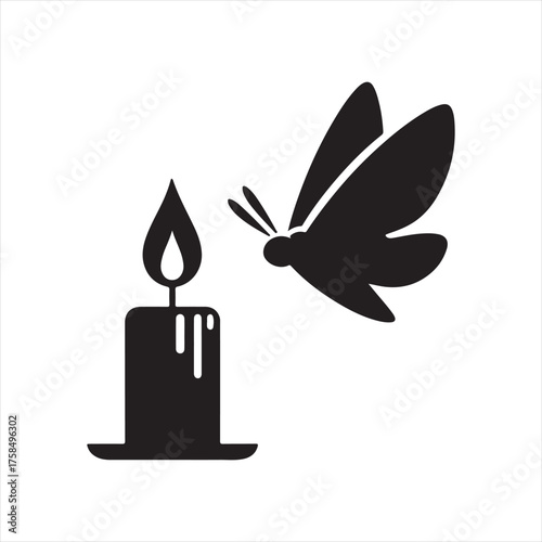 Moth flying toward candle flame vector silhouette clip art icons set collection
