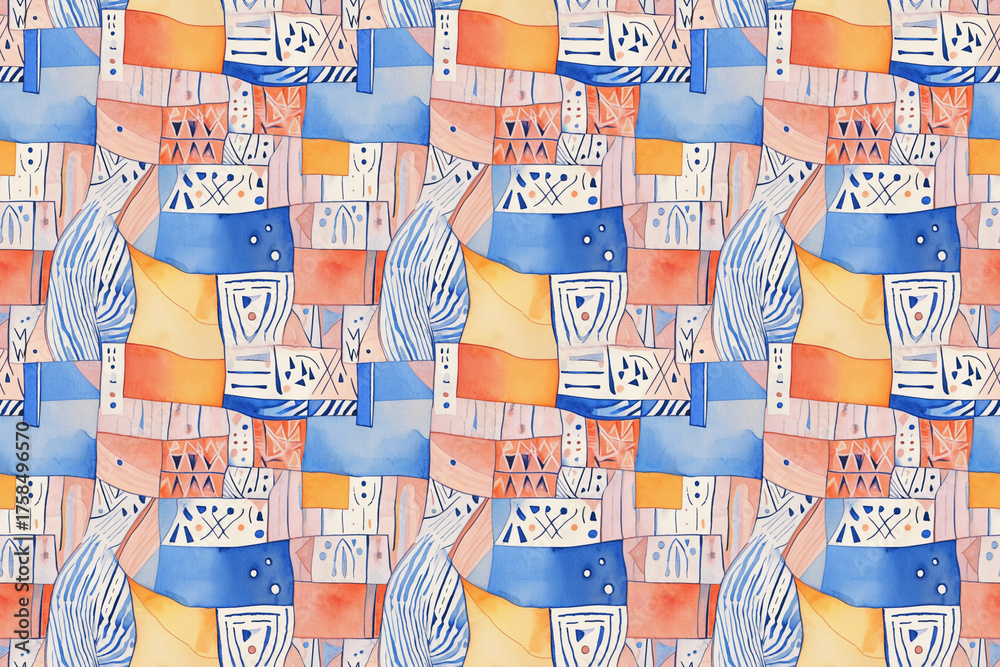 Fototapeta premium Seamless pattern for women's summer dresses, scarves, skirts. Features complex abstract geometric and linear designs, perfect for modern fashion