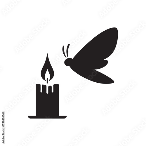 Moth flying toward candle flame vector silhouette clip art icons set collection
